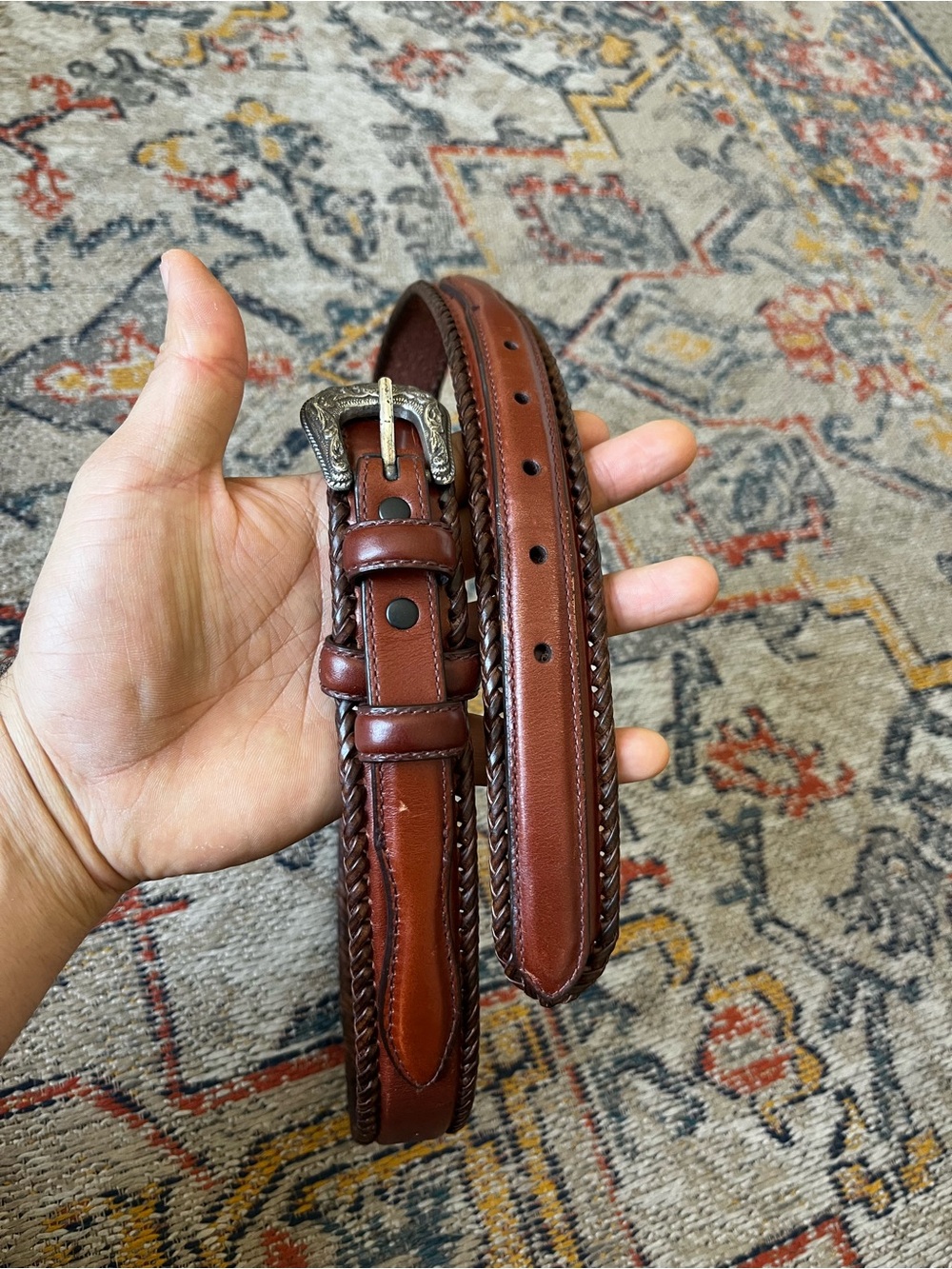 Men's Braided Leather Belt in Chestnut Brown with Decorative Buckle Size 36